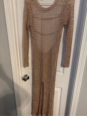 Fashion Nova Metallic Knit Long Sleeve Maxi Dress - Rose Gold